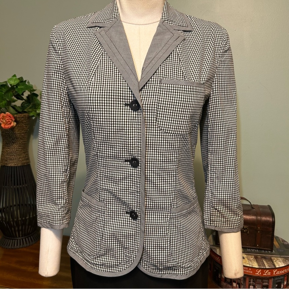 Talbots Stretch Black & White Checkered Button Front Blazer